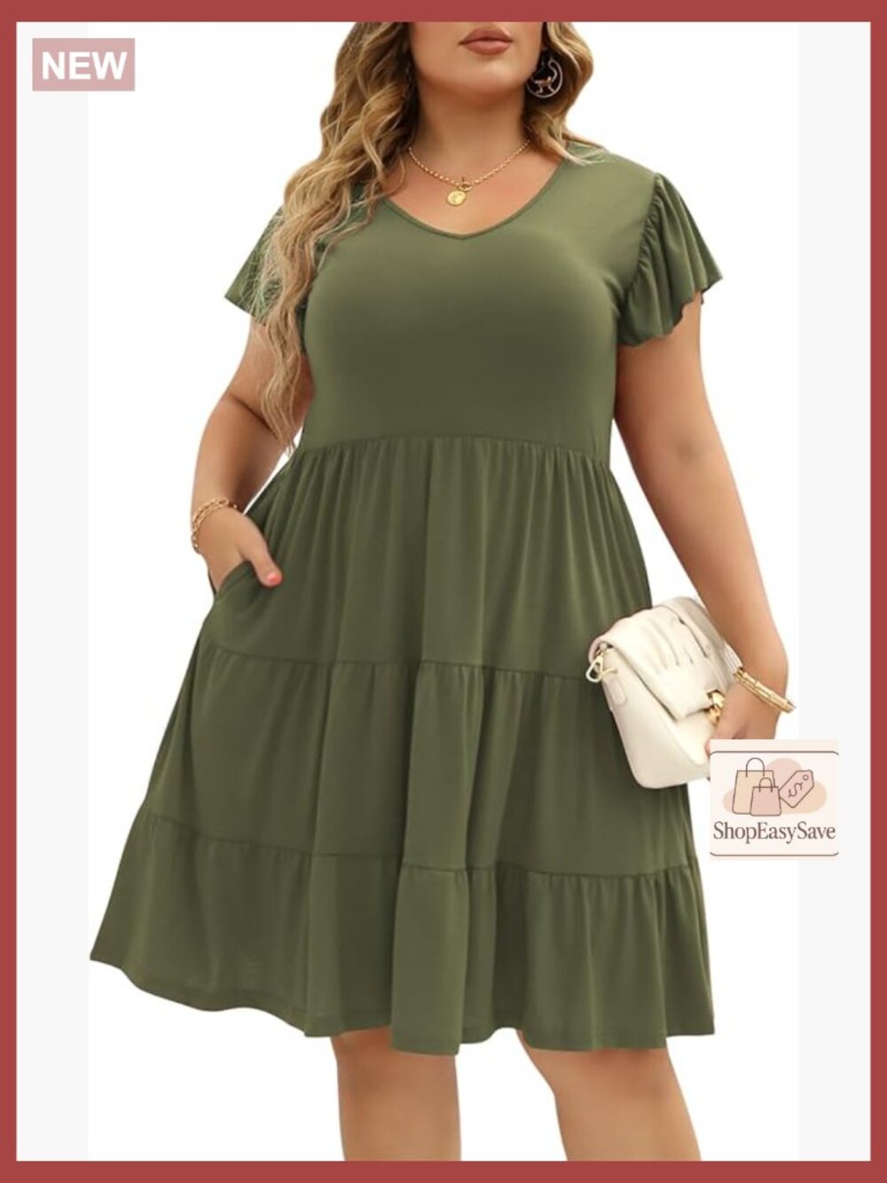Plus Size Midi T-Shirt Dress with Pockets Ruffle Sleeve Tiered Loose Fit
